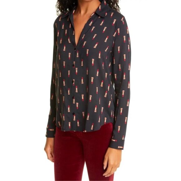 L'AGENCE | Holly Lipstick Print Long Sleeve Button Front Blouse | Small | Black - Picture 2 of 11